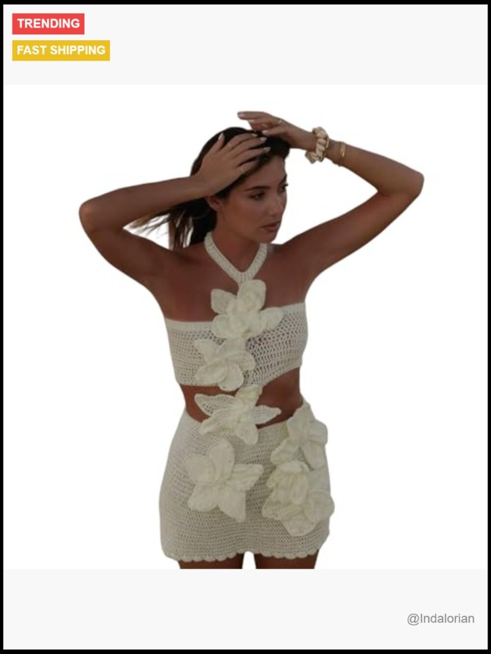 Floral Crochet Knitted Sleeveless Halter Mini Dress Hollow Out Mesh Sheer - Picture 2 of 7